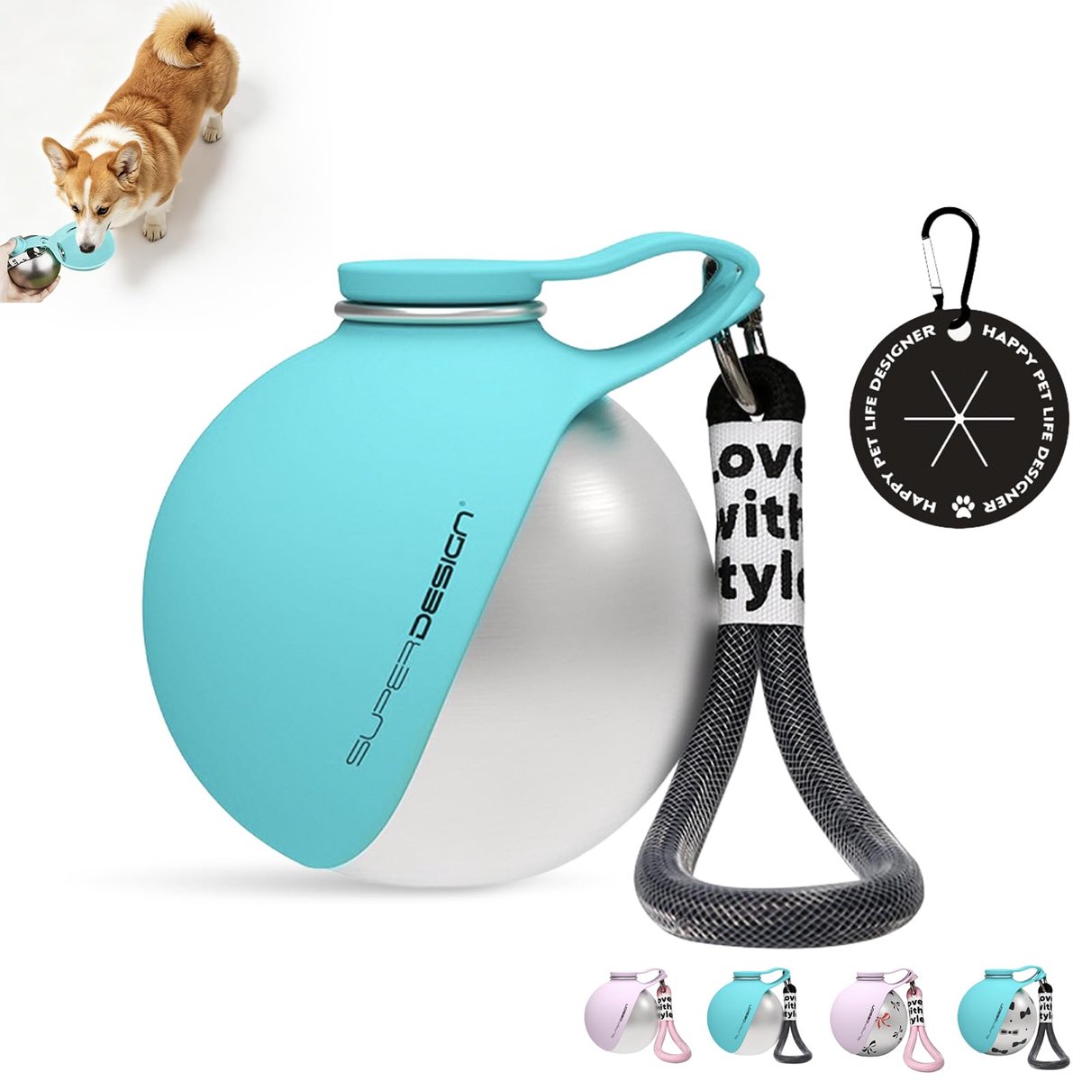 SnelShoppen - Draagbare Hondendrinkfles 285 ml Roestvrij Staal met Poepzak - Waterfles voor Kleine en Middelgrote Honden - Lekvrij met Opvouwbare Sili