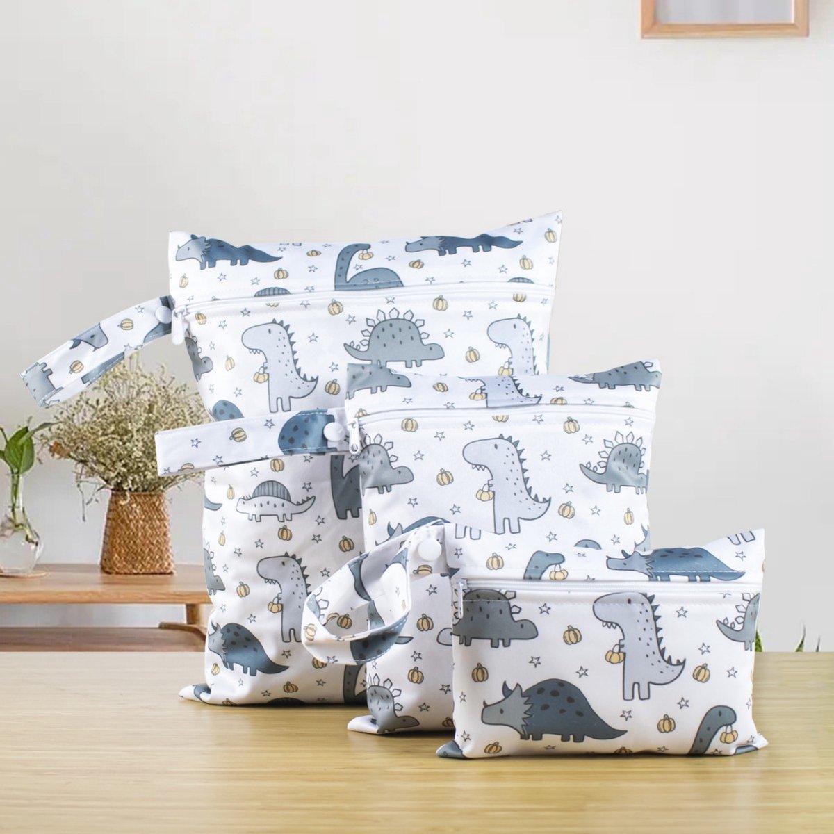 Set van 3 Dinosaurus Print Baby Luier Opbergtassen | Waterbestendige Ritszakken in 3 Maten voor Luiers & Natte Kleding