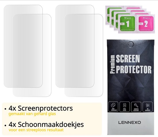 Vier screenprotectors en vier schoonmaakdoekjes, met een verpakking van een screenprotector en iconen voor 9H hardness.