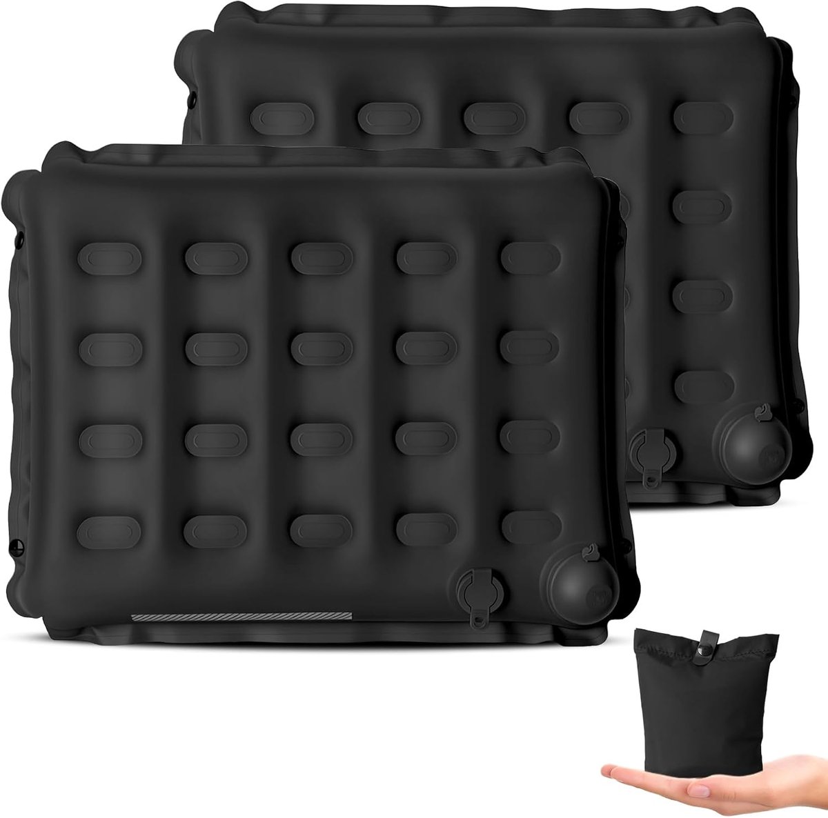 Bobypet - Set van 2 opblaasbare zitkussens voor buiten, 42 x 34 x 6 cm – opvouwbaar, zelfopblazend, waterdicht en ultralicht; geschikt voor reizen, kamperen, wandelen, stadions en het vliegtuig - zwart