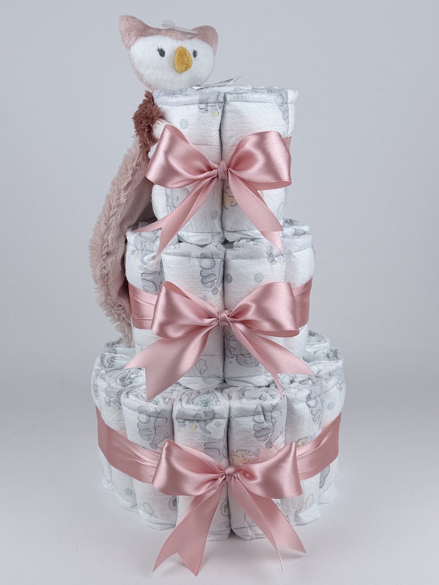 Chouette-Chouette | Luiertaart Meisje | Kraamcadeau | Geboorte Meisje | Babyshower | Tuttle Uil Olivia donker Poeder Roze