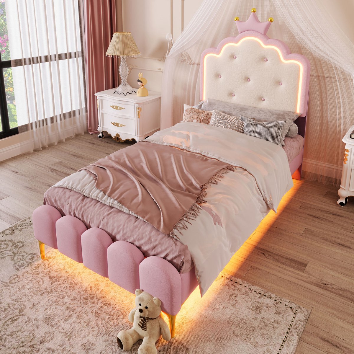 MODFU Prinsessenbed - Met Verlichting - Zonder Matras - Rosa - Kunstleer - Eenpersoons