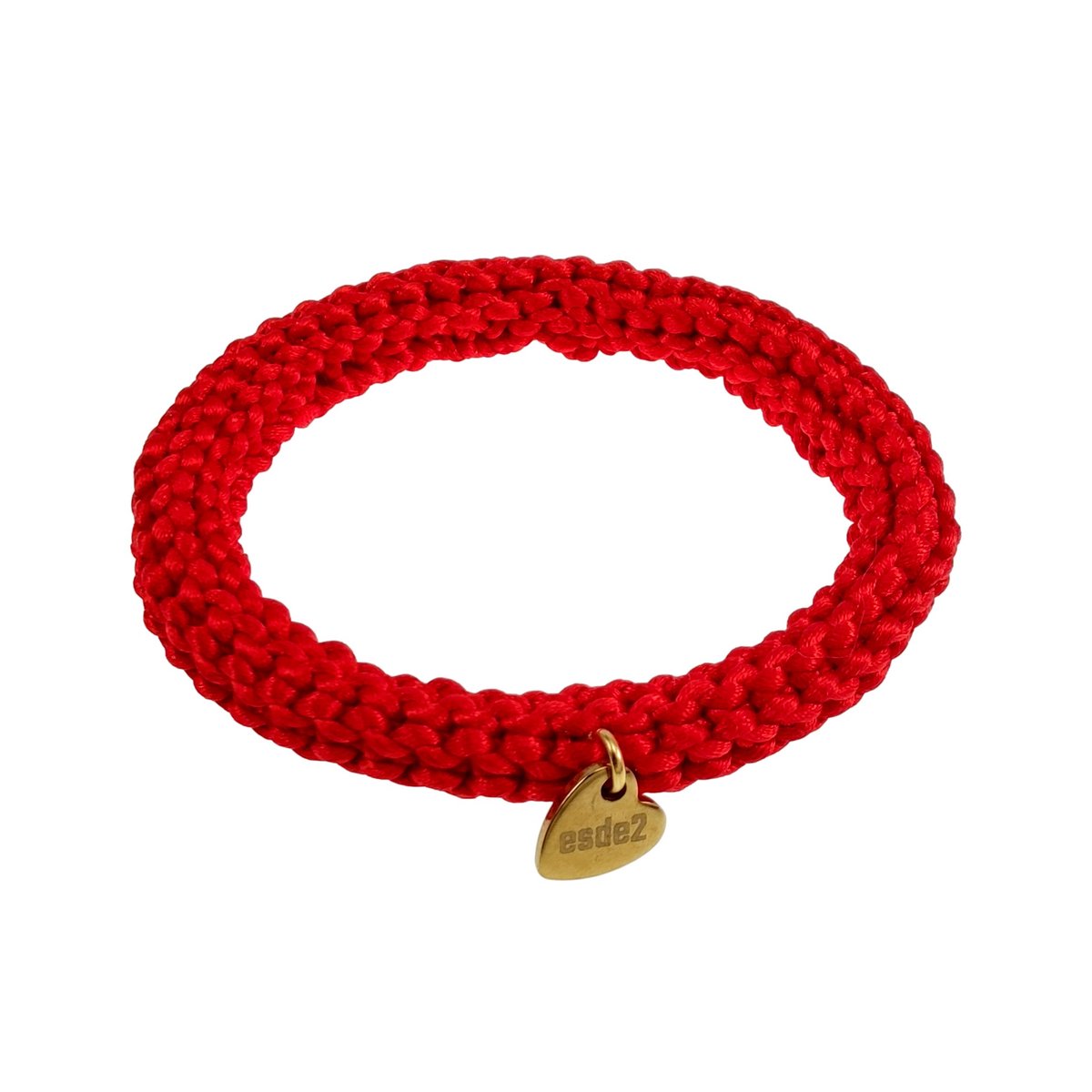 Crochet Damesarmband Rode van Satijnkoord met Goudkleur RVS Hart Bedel, Breed 10 mm - Polslenmaat 16 tot 17 cm