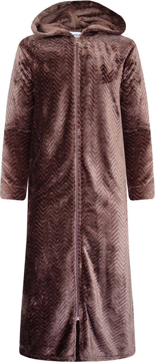 Extra Lange Dames Rits Badjas met Capuchon en Zijzakken - Ochtendjas - Superzacht Coral Fleece - Reliëf Visgraat Bruin - Maat XXL/3XL - 8207-Coffee