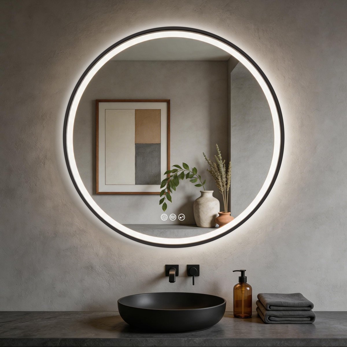 SnelShoppen - Ronde S'bagno Spiegel 80 cm met LED Verlichting, Bluetooth, Anti-condens, Dimbaar, 3 Lichtkleuren, IP44, Gehard Glas, Zwart IJzer, Badka