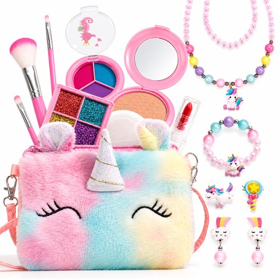 BOTC Echte make-up set - voor meisjes met een pluizig Tasje - Echte, niet-giftige, afwasbare Make-up speelgoedset - Regenboog