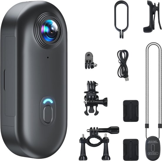Zwarte compacte camera met accessoires: clips, mounts, USB-kabel, nekkoord met camera.