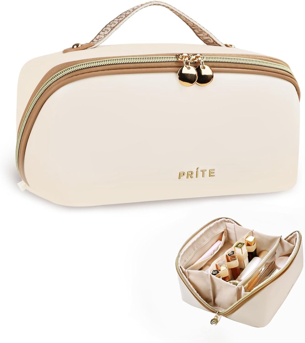 SnelShoppen - Prite Make-uptas Dames, Waterdicht, Veganistisch Leder, Cosmetische Tas, Open Plat, Met Duidelijke Verdeler en Handvat, Beige, Large Pro