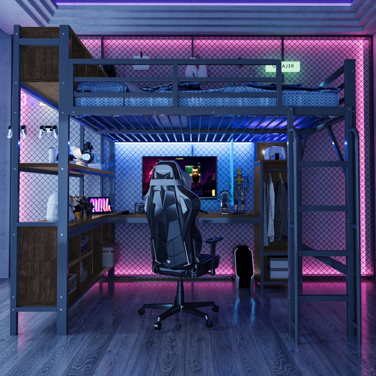 STILVORA Hoogslaper 140 x 200 cm - Hoogslaper met bureau en kledingkast - Opbergruimte en ledverlichting - Met matras - Zwart
