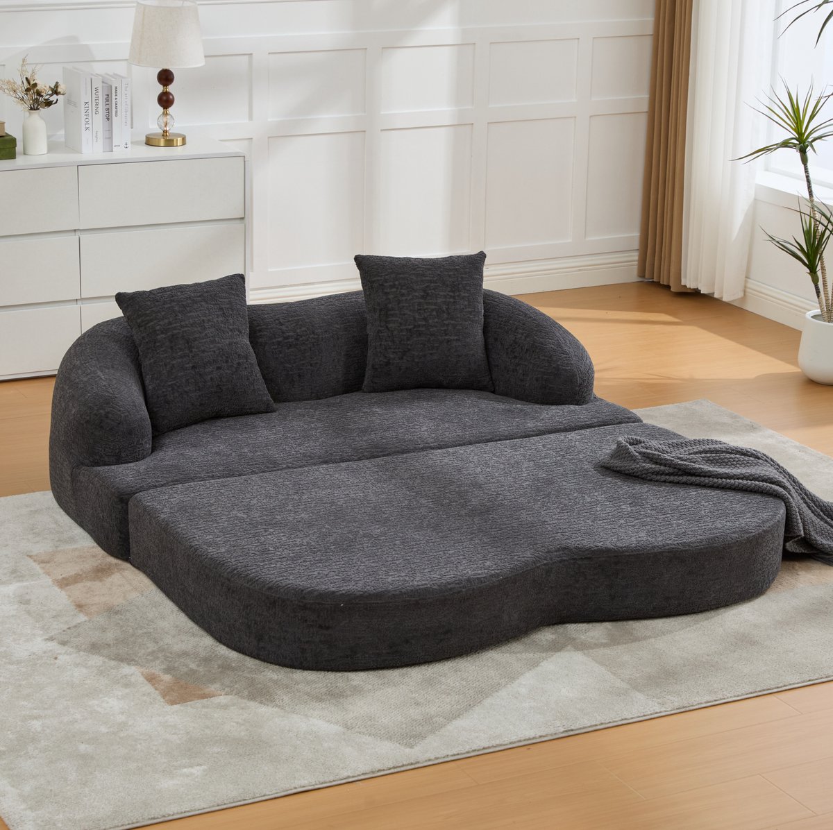 STILVORA Slaapbank 157 Cm - 2-Zits Uitklapbare Bedbank Met 2 Kussens - Voor Woonkamer En Logeerkamer - Chenille Donkergrijs