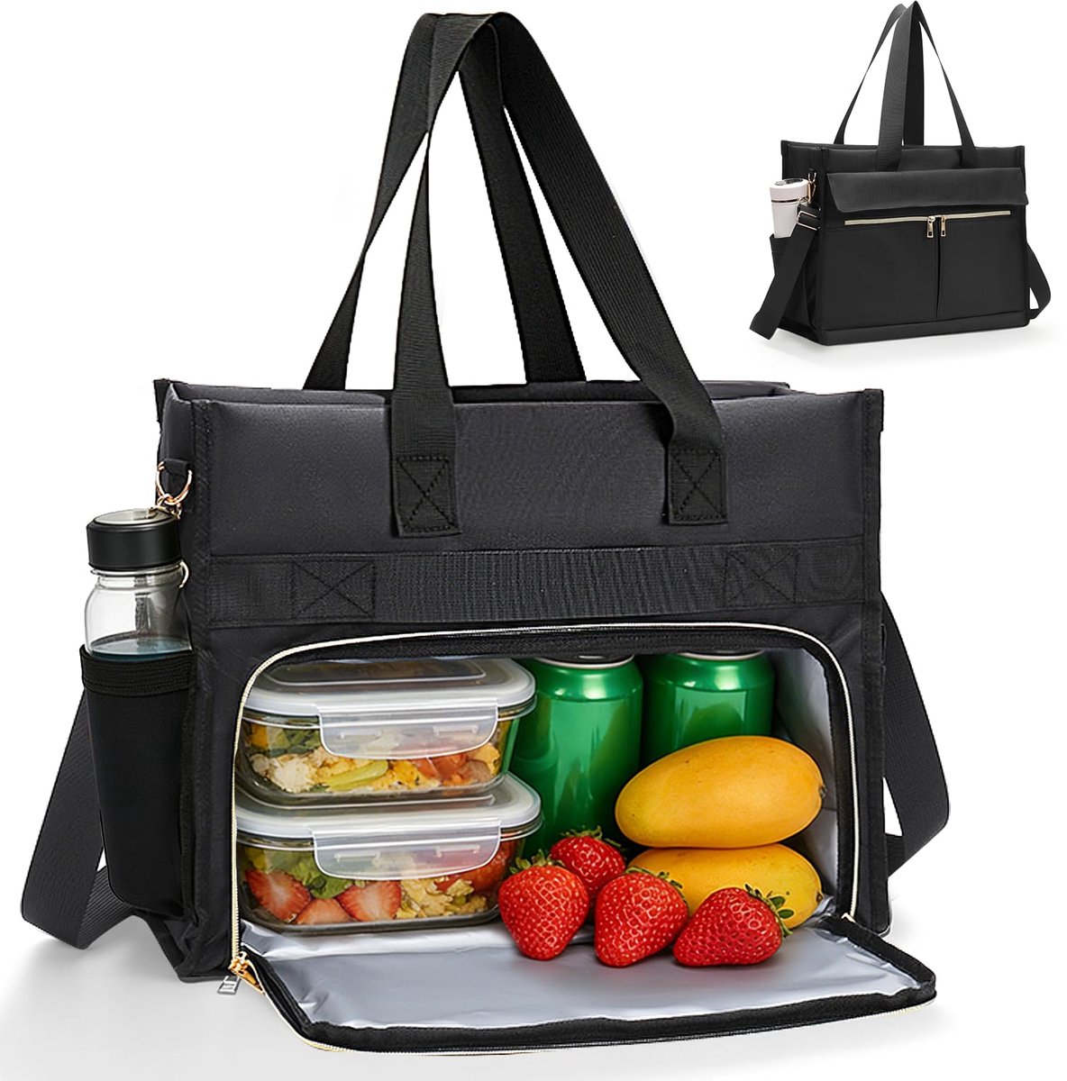 Draagbare 2-in-1 tas - Werktas koeltas - Lunch en laptop - Waterdicht PU-leer - 104 liter inhoud - Zwart