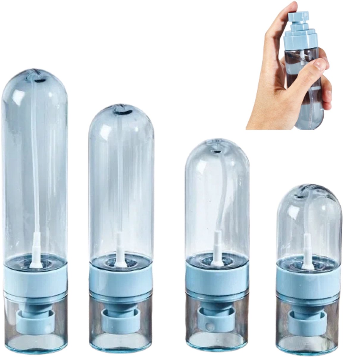 4-delige set - Sprayfles met fijne nevel - Reissprayfles - 30 ml, 60 ml, 80 ml, 100 ml - Transparant blauw - Fijne nevel - Navulbaar - Geschikt voor reinigingsproducten, parfums en vloeibare cosmetica