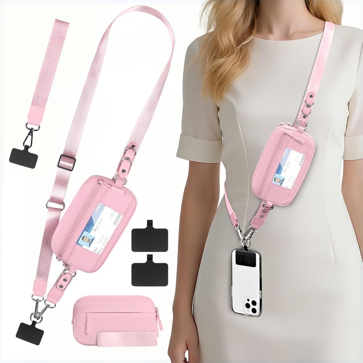 Roze Telefoonkoordtas - Met afneembare ritssluiting portemonneetje - Universele multifunctionele telefoonkoord - Verstelbare brede telefoonhoes - Antiverlies telefoon crossbody tas - Voor Reizen, dagelijks gebruik, concerten, festivals