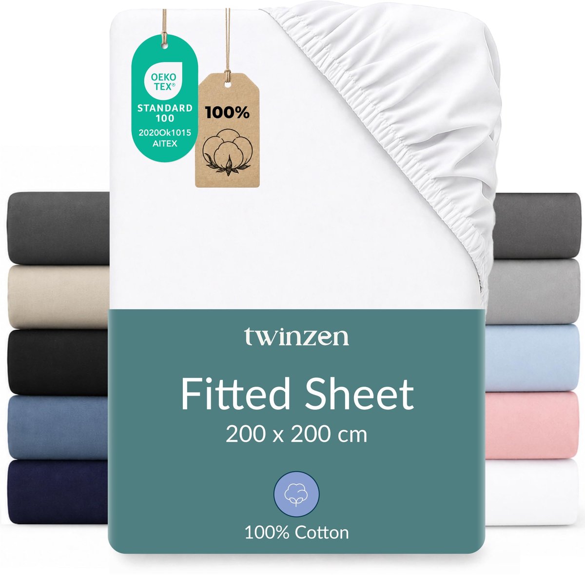 SnelShoppen - Twinzen Hoeslaken 200x200 cm - 100% Katoen Jersey, Wit - Oeko-Tex Gecertificeerd, Katoenen Hoeslaken voor Luxe Slapen, Perfect voor Boxs