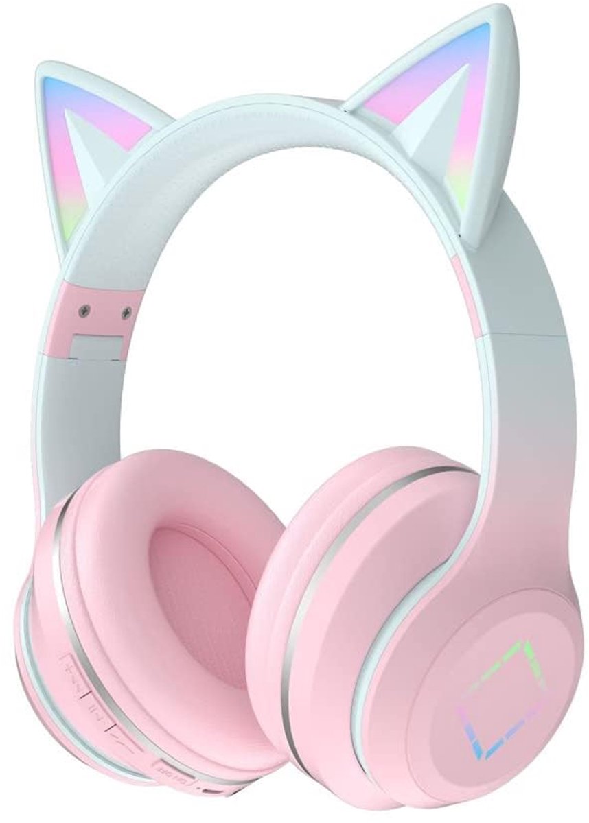 SnelShoppen - Usoun Kids Bluetooth Hoofdtelefoon met Kat Oortjes, Draadloze Stereo Hoofdtelefoon met LED Licht, Microfoon en TF-kaart, Opvouwbare Over