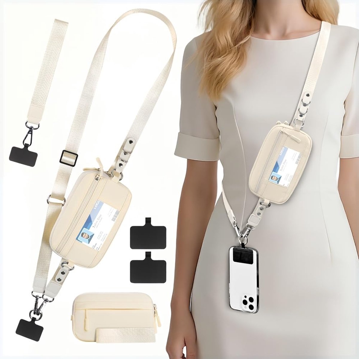 Beige Telefoonkoordtas - Met afneembare ritssluiting portemonneetje - Universele multifunctionele telefoonkoord - Verstelbare brede telefoonhoes - Antiverlies telefoon crossbody tas - Voor Reizen, dagelijks gebruik, concerten, festivals