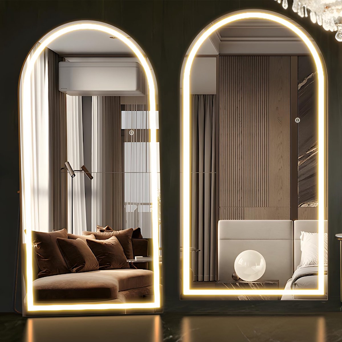 SnelShoppen - NEUWEABY 180 x 80 cm Gebogen Passpiegel met LED Verlichting, Dimfunctie en 3 Kleurinstellingen voor Slaapkamer, Staande Spiegel, Wit