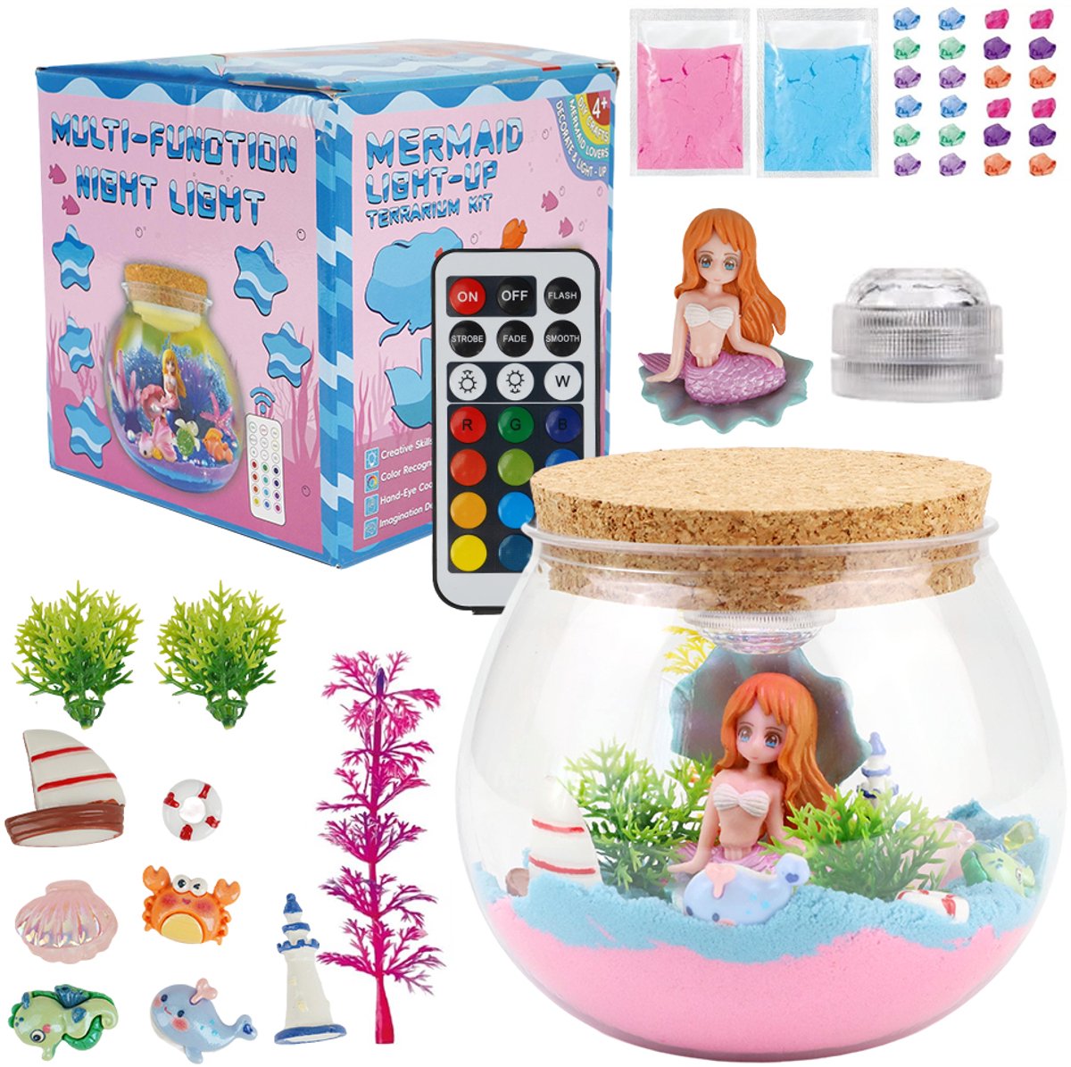 Zeemeermin Terrarium Knutselset Met Op Afstand Bedienbare LED verlichting - 3 Lichtstanden Magisch Zand En Mos - Creatieve Decoratie En Speelgoed Voor Kinderen