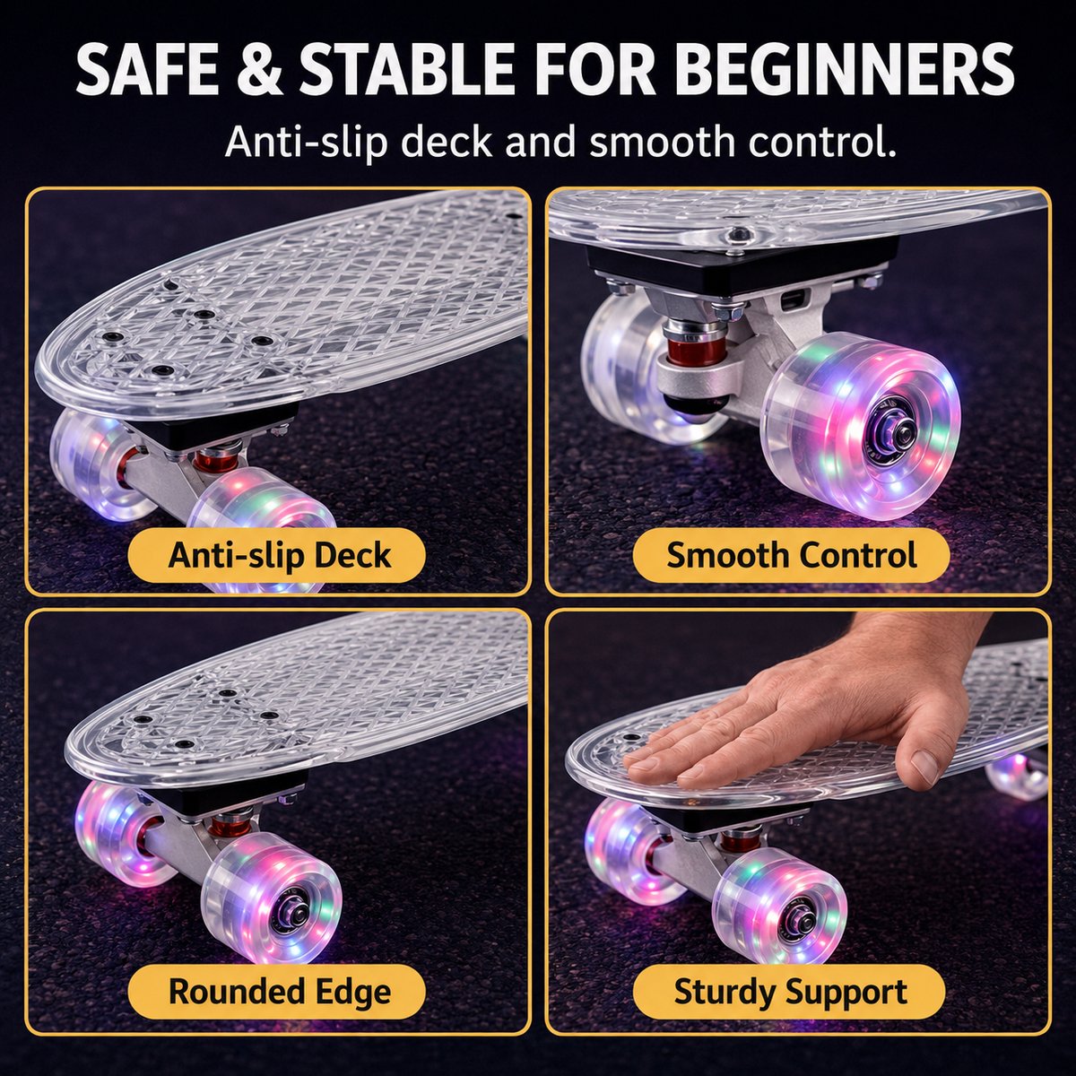 Suotu Skateboard met LED Lichtgevend Dek & Wielen - ABEC-9 - Skateboard Meisjes/jongens – Skateboard Volwassenen - Transparant — afbeelding 2