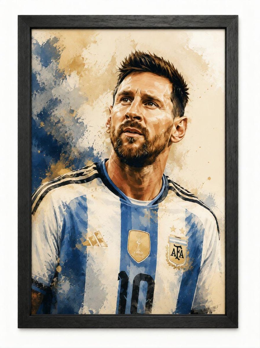 Lionel Messi Poster | Argentinië Voetbal Art | Sport Wanddecoratie | Inclusief Zwarte A4 Lijst