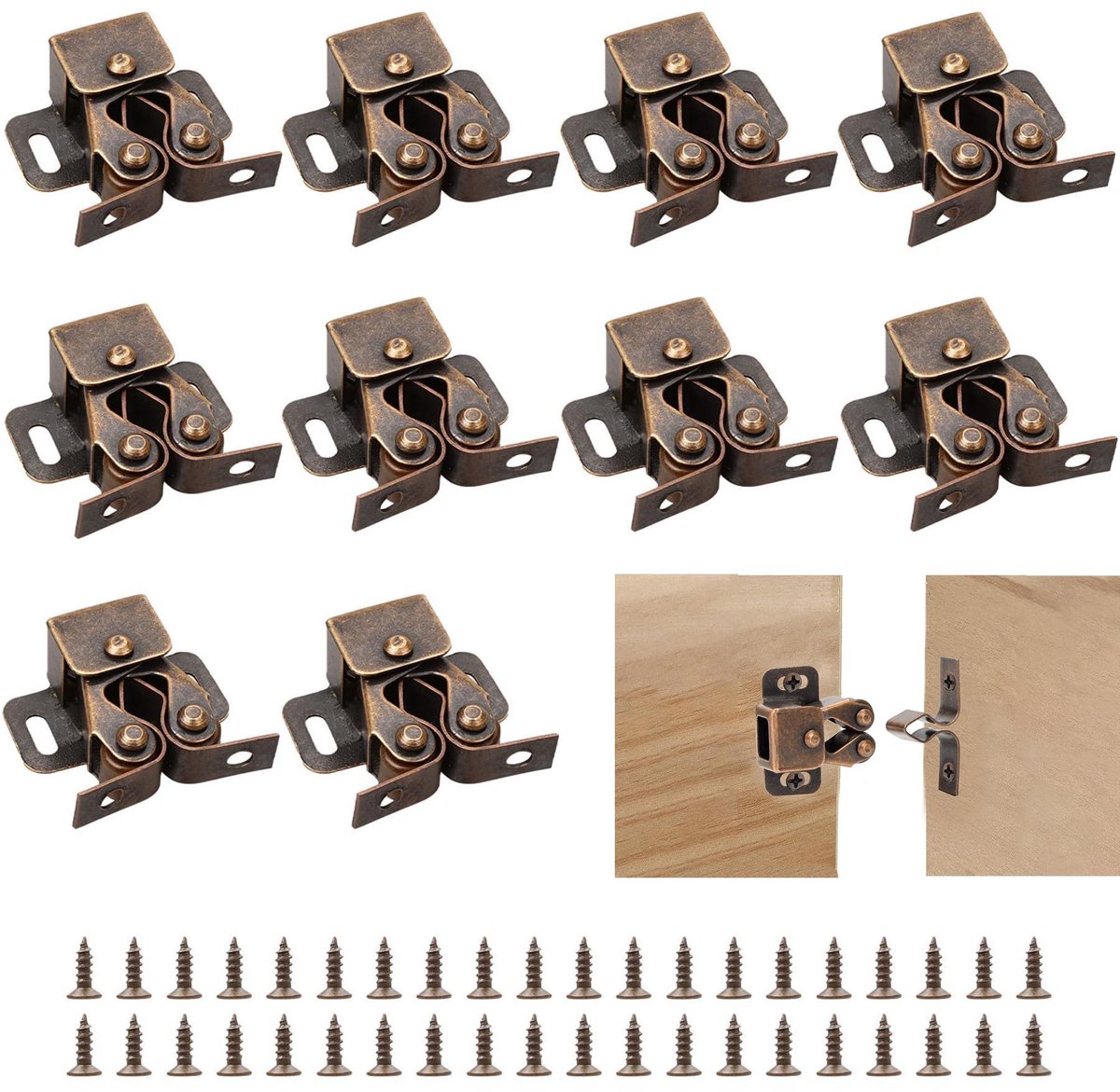 Dailygoods- Roller Catch - Dubbele Bal - 10 Stuks - Bevestigingsschroeven - Kastdeur - Meubelvergrendeling - Bronzen Afwerking - Deurslot