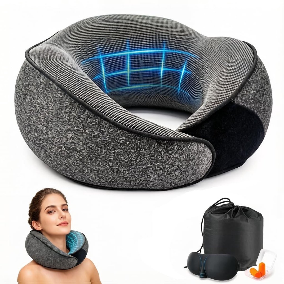 Dailygoods - Nekkussen Vliegtuig - 360° Ondersteuning met Oordopjes en Oogmasker