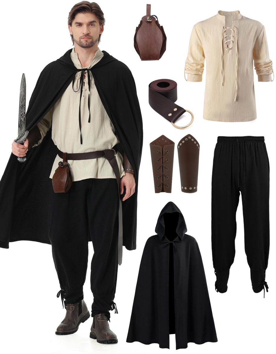 Dailygoods- Kostuum Middeleeuws - Piratenoverhemd - Renaissancebroek - Lange Cape - Vikingriem - Kunstleren Armbanden - Vintage Design - Verkleedkostuum