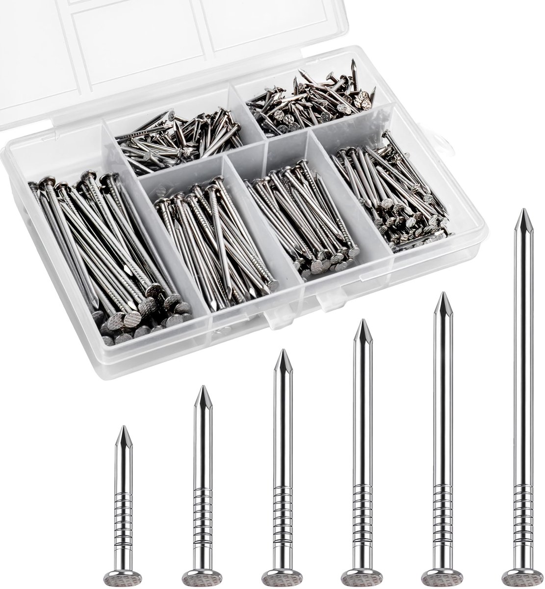 Dailygoods- Nagelset 480 Stuks - Roestvrij Staal - Verschillende Maten 2"/1-1/2"/1-1/4"/1"/3/4"/5/8" - Hangende Nagels - Nagelstudio - Scherp en Duurzaam - Muurnagels
