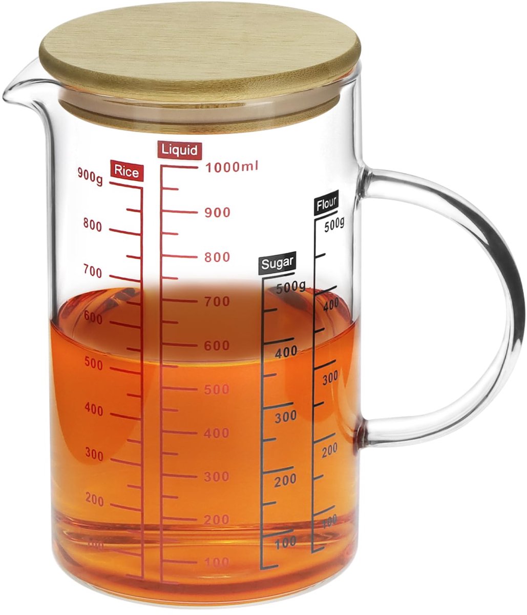 Dailygoods - 1L Borosilicate Glazen Maatbeker met Bamboe Deksel - Magnetron Bestendig