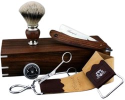 Haryali London 6-delige Scheerset voor Mannen – Open Scheermes, Scheerkwast, Leren Strop, Baardschaar en Stroppasta – Houten Opbergdoos - Cadeau voor hem
