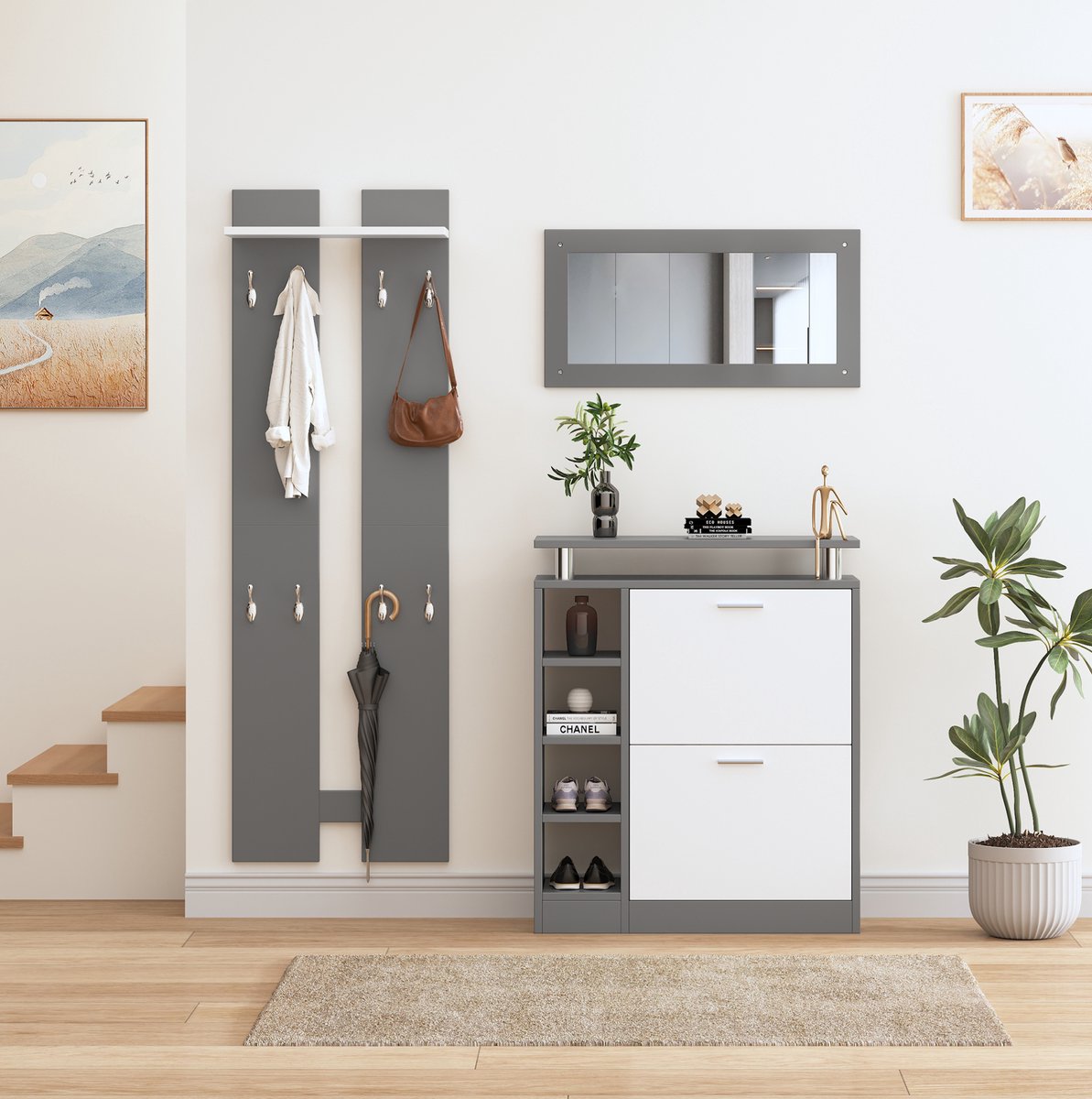 COVREO Schoenenkast 80 x 25 x 96,5 cm - grijs, wandspiegel, 2 wandpanelen