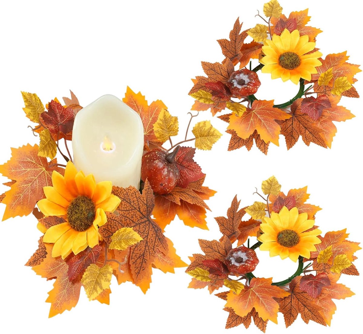 Kunstplant - halloween decoratie - Feestdecoratievoorwerpen - Kunstmatige Esdoorn Bladeren Krans - Herfst Decoratie - 3 Stuks Herfst Kaarskransen - Kunst Herfstkrans - voor Kaarsen – Thanksgiving, Herfstdecoratie, Tafeldecoratie & Woondecoratie