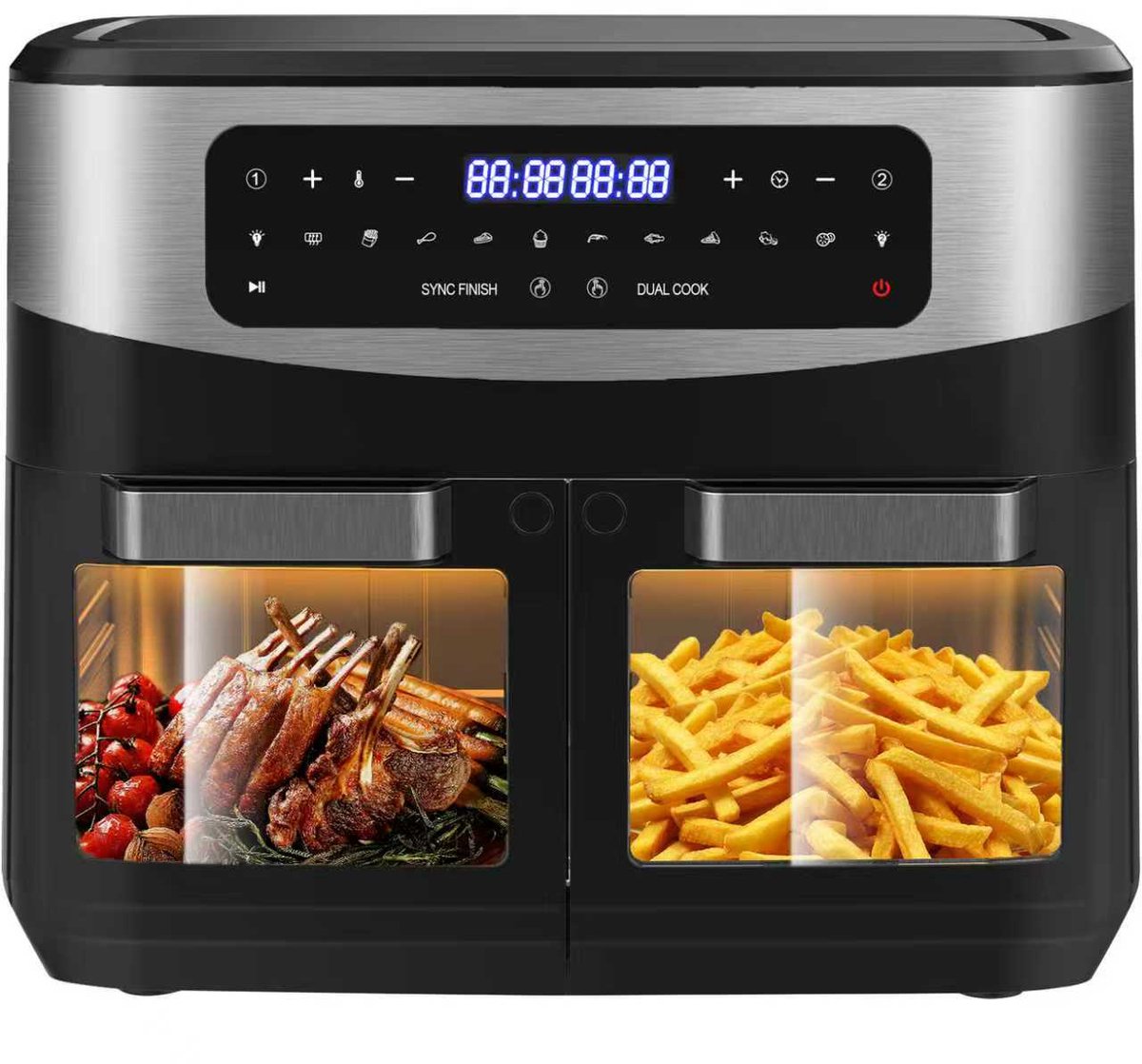 Airfryer - 12L Grote capaciteit – 2600W Multifunctionele Heteluchtfriteuse met Dubbele Zone Onafhankelijk Koken - Verwijderbare Tussenwand - Dubbel Gelijktijdig Koken - Met Kijkvenster - 10 Vooraf ingestelde Menu's - 50–200°C