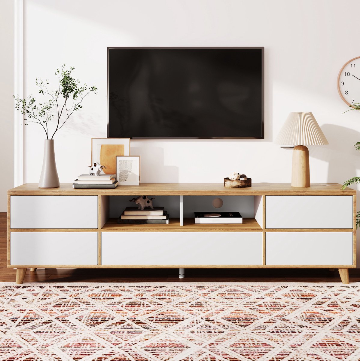 COVREO TV-meubel 175x37x51 cm - wit en houtkleur, MDF, landelijk
