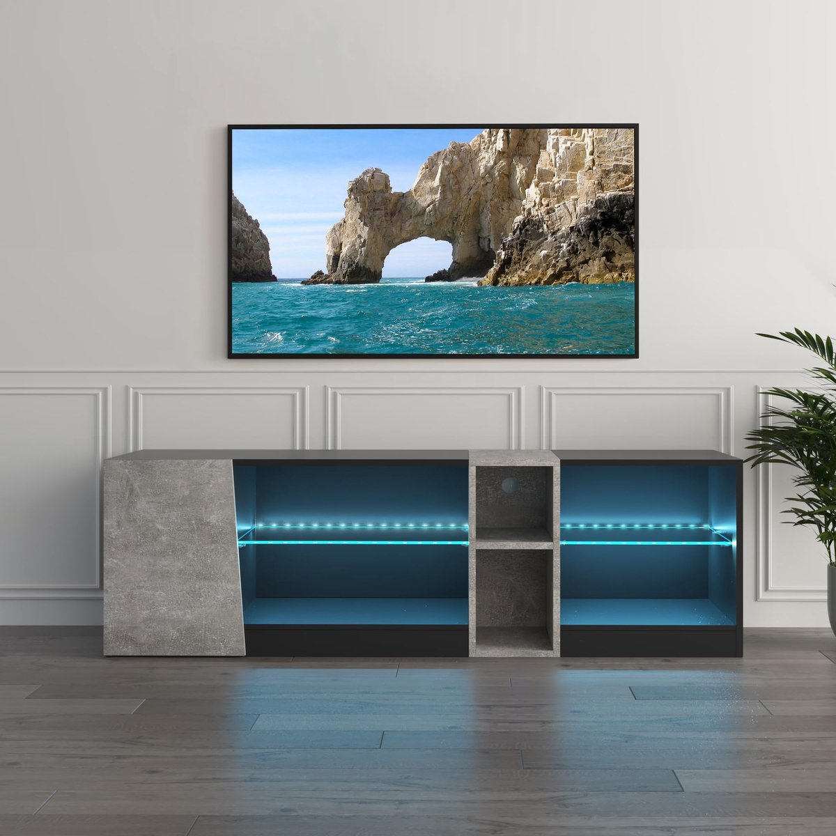SnelShoppen - TV-meubel met LED-verlichting, 5 open vakken en 1 deur, voor 55 inch TV's, zwart en grijs, 140 x 45 x 37,5 cm - Modern tv-meubel voor wo