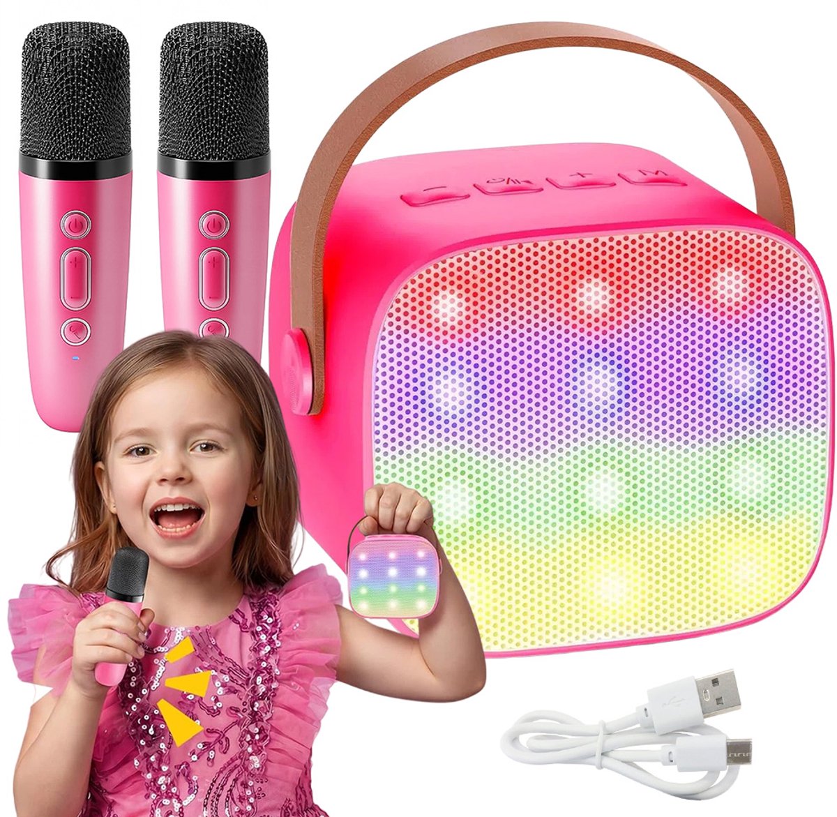 Karaoke Machine - Karaoke Machine voor Kinderen - Bluetooth - 2 Microfoons - Stemveranderende Modi - LED-lampen - Roze