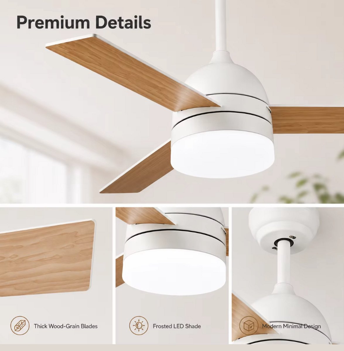 Plafondventilator 3 blad Ø105cm hout - stille ventilator – top kwaliteit - energie zuinig -met remote - ventilator voor laag plafond - 6 snelheden – beste alternatief voor airco - zomer en winter stand – houten ventilator – foto 3