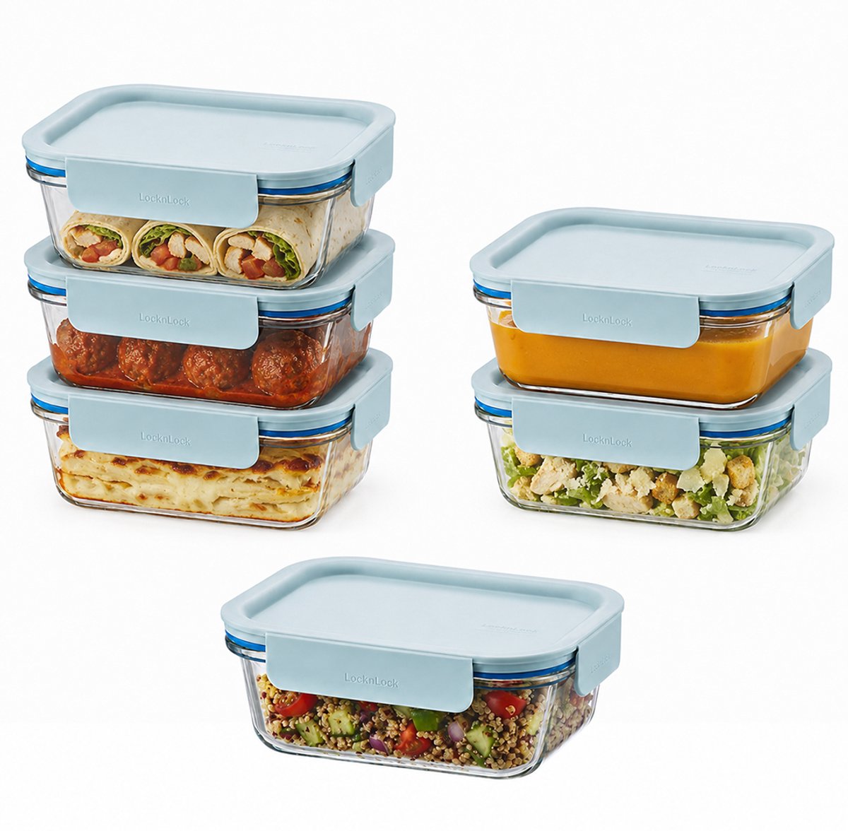 Lock&Lock Glazen Vershoudbakjes - Meal prep bakjes glas - Ovenschaaltjes met deksel - 630 ml - Mint deksel - Luchtdicht - BPA vrij - PFAS vrij - Bewaarbakjes - Vershoudbakjes glas - 1 persoons ovenschaal - Set van 6 stuks