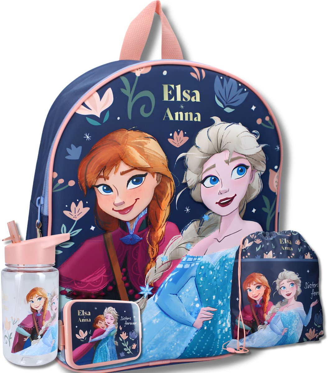 Frozen Schooltas Set 4-Delig - 3D Rugzak, Gymtas, Broodtrommel & Drinkfles - Schoolset Meisjes - Elsa Anna
