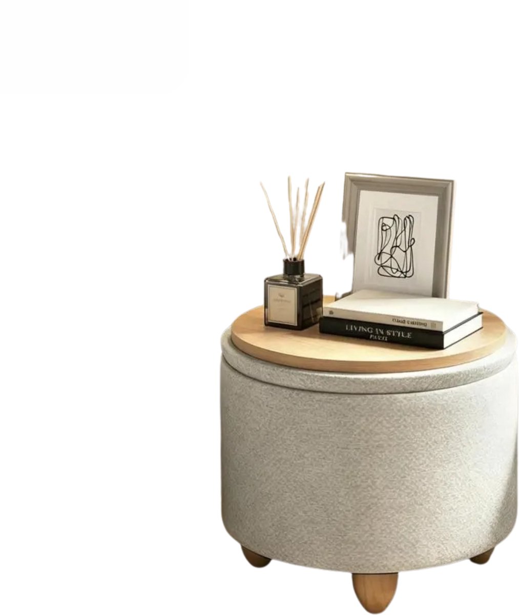 Solayne Poef - Poef met opbergruimte - Opbergpoef - Rond - 3 in 1 opbergbank - Multifunctioneel - Linnen & Hout - Beige