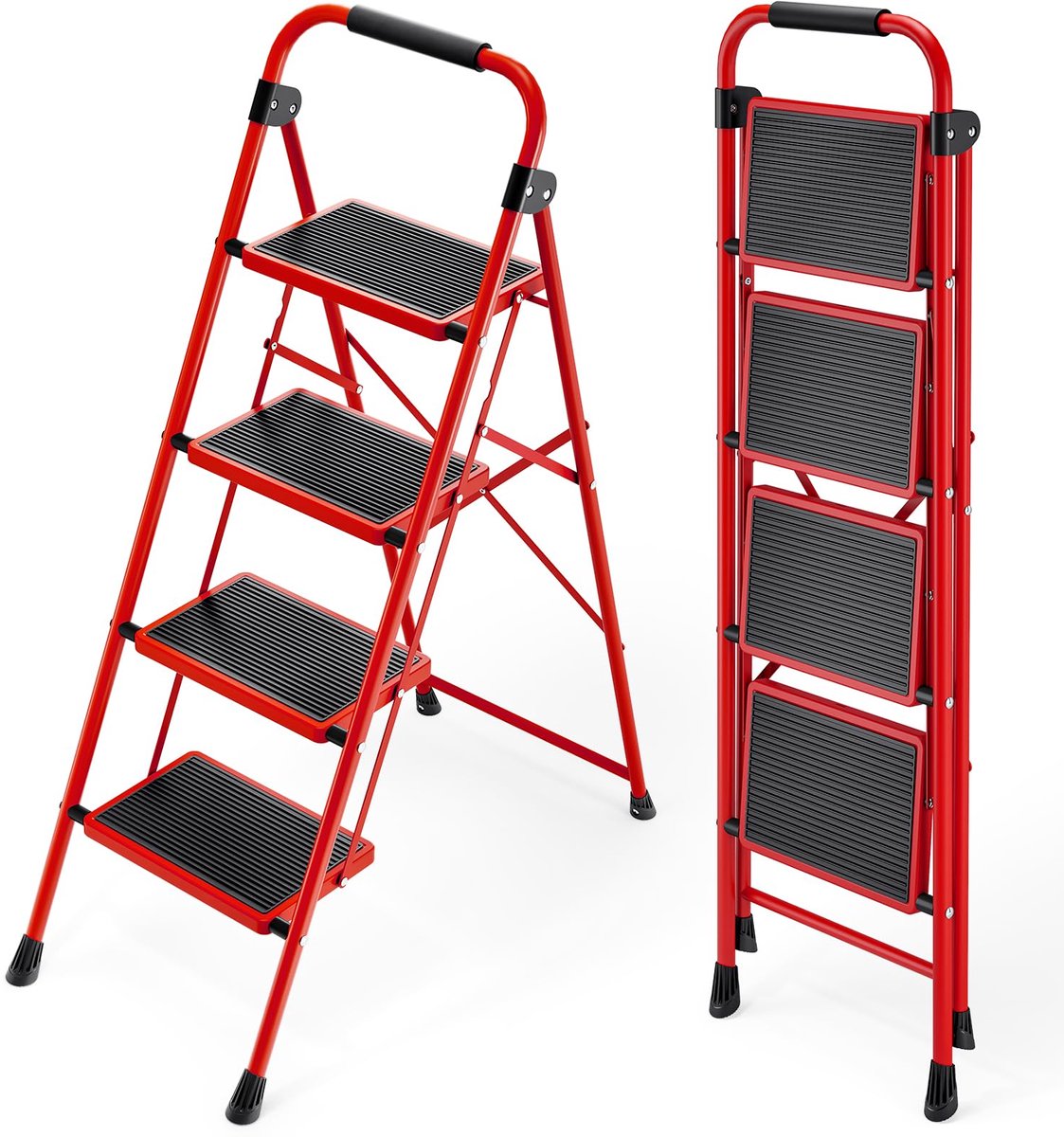 SnelShoppen - Opvouwbare Opstapladder 4 Treden - Stevige Veiligheidsstalen Kruk met Leuningen en Brede Pedalen - Rood voor Thuis, Keuken en Kantoor