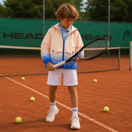 Petit garçon sur un court de tennis, porte une veste rose pâle avec un imprimé d'eau bleu sur les manches et le bas, avec un short blanc et un polo.