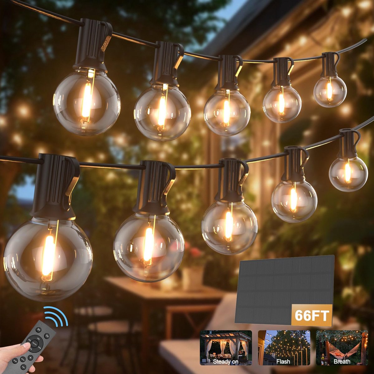 SnelShoppen - Lichtsnoer op Zonne-energie 20M met 30 + 2 LED G40 Lampen, Weerbestendige Solarverlichting voor Tuin en Balkon, Afstandsbediening, 3 Ver