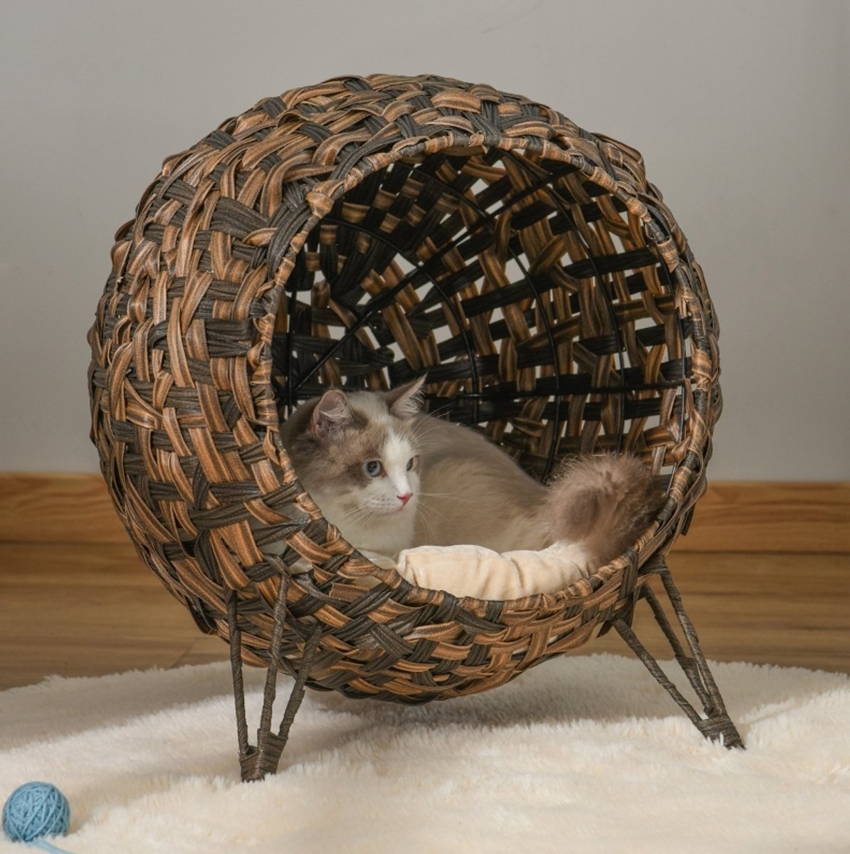 Wishdor Kattenhuis van rotan met kussen - handgeweven structuur - metalen frame - verhoogde poten - voor kat - bruin - Ø52 x 58 cm