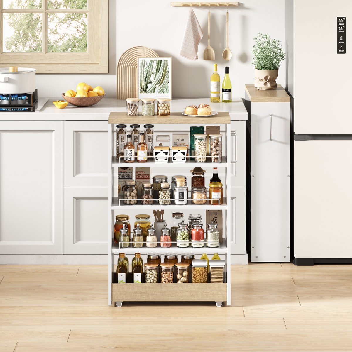 MIVRAY Keukenkast – 16 cm Smal Met Wielen En 4 Verstelbare Planken – 55 x 16 x 85 cm – MDF – Wit En Naturel – Voor Keuken En Badkamer