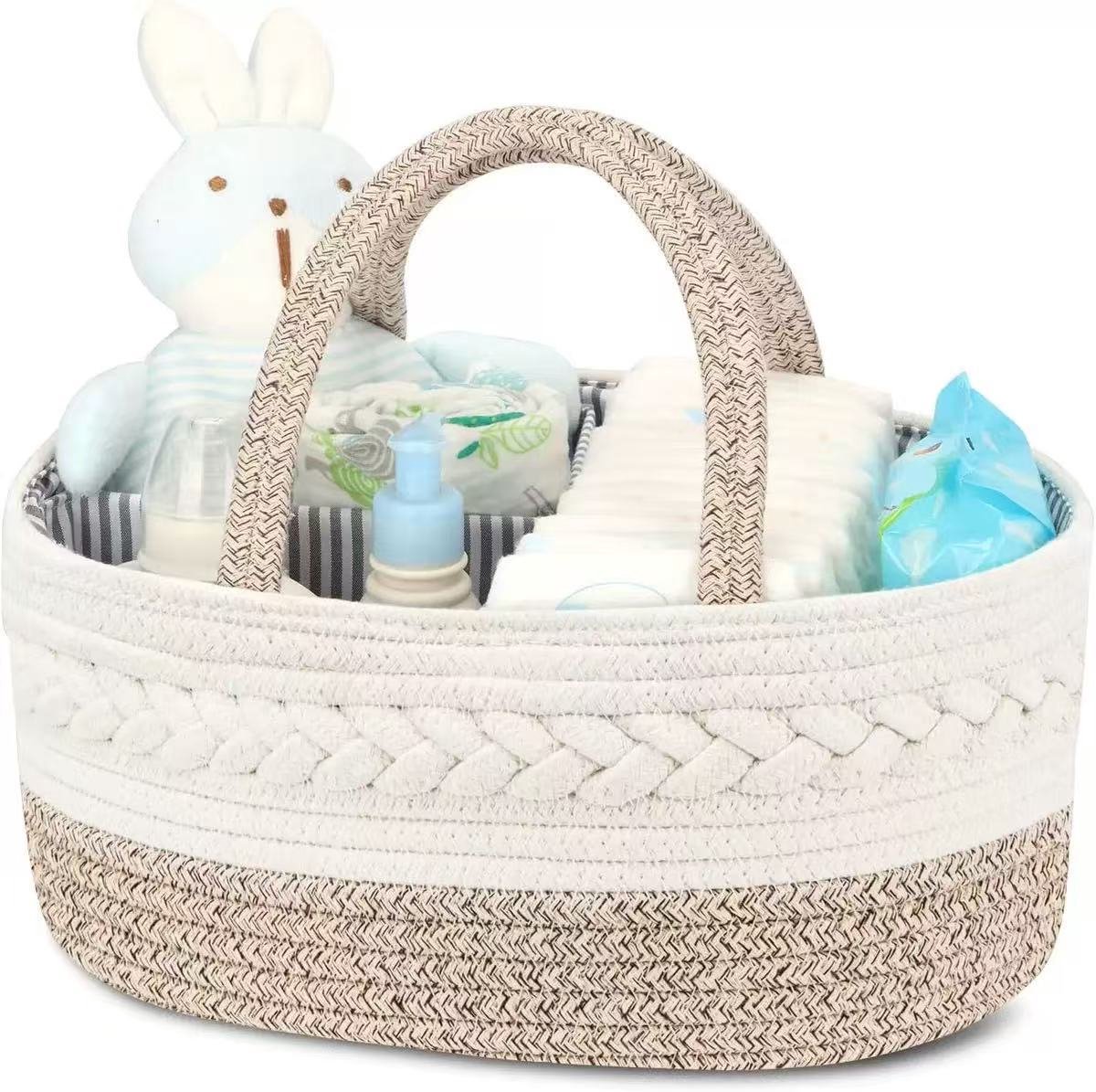 Wit-Beige Gevlochten Katoen Baby Luier Opbergmand 36×22×18cm met Stevige Handvatten