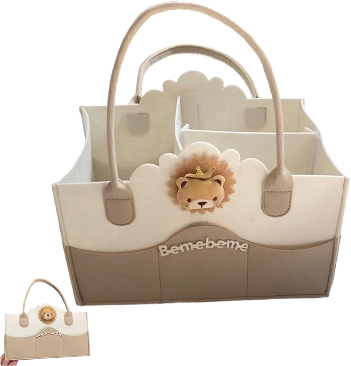 Beige-Wit Leeuw Applicatie Baby Luier Opbergmand 33×23×18cm | Vilt Draagbare Luiertas met Verdeelbare Vakken