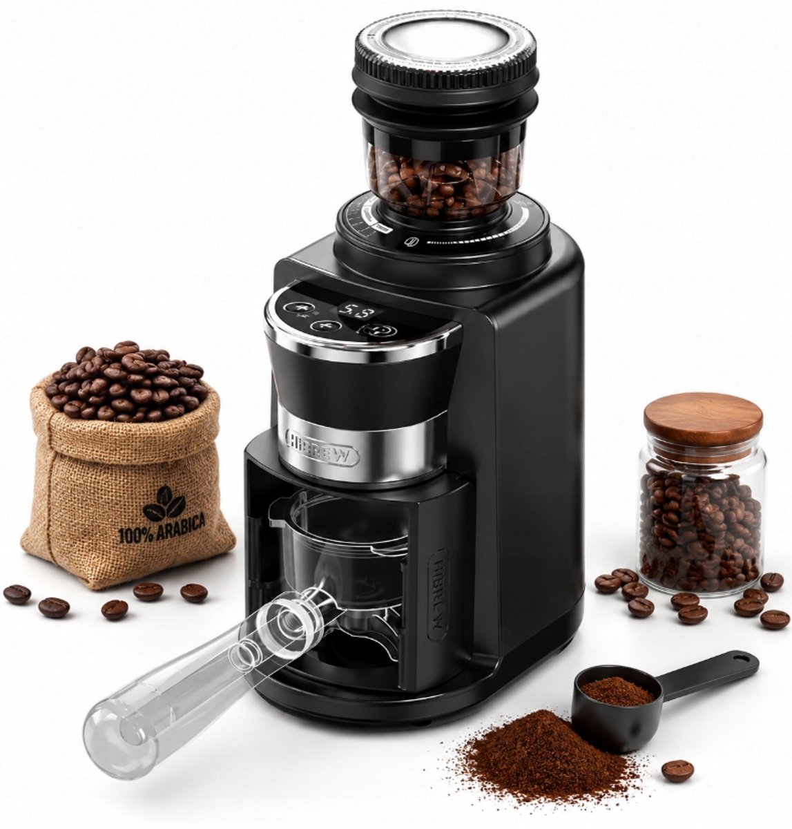 HiBREW G3A Elektrische Koffiemolen – 34 Maalstanden – Voor Espresso, Filterkoffie en Pour-Over – Transparant Bonenreservoir
