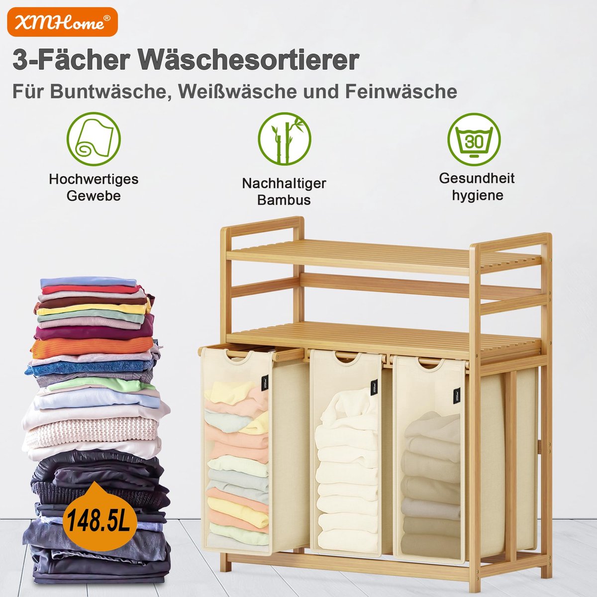 SnelShoppen - Grote Wasverzamelaar met 3 Vakken, 148 Liter Bamboe Wasmand met Uitneembare Waszak, Rechthoekig, Beige, 77,5 x 41,3 x 100,5 cm, Perfect