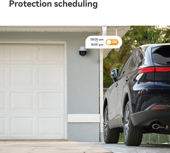Beveiligingscamera aan de muur bij een witte garagedeur, met een auto ernaast. Tijd schema 08:00-18:00 aan.